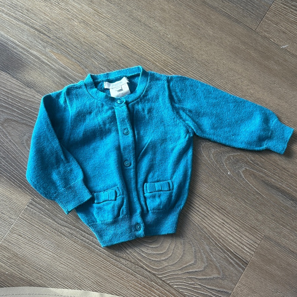 Jacadi baby girl teal cotton wool blend cardigan with bow embellishment